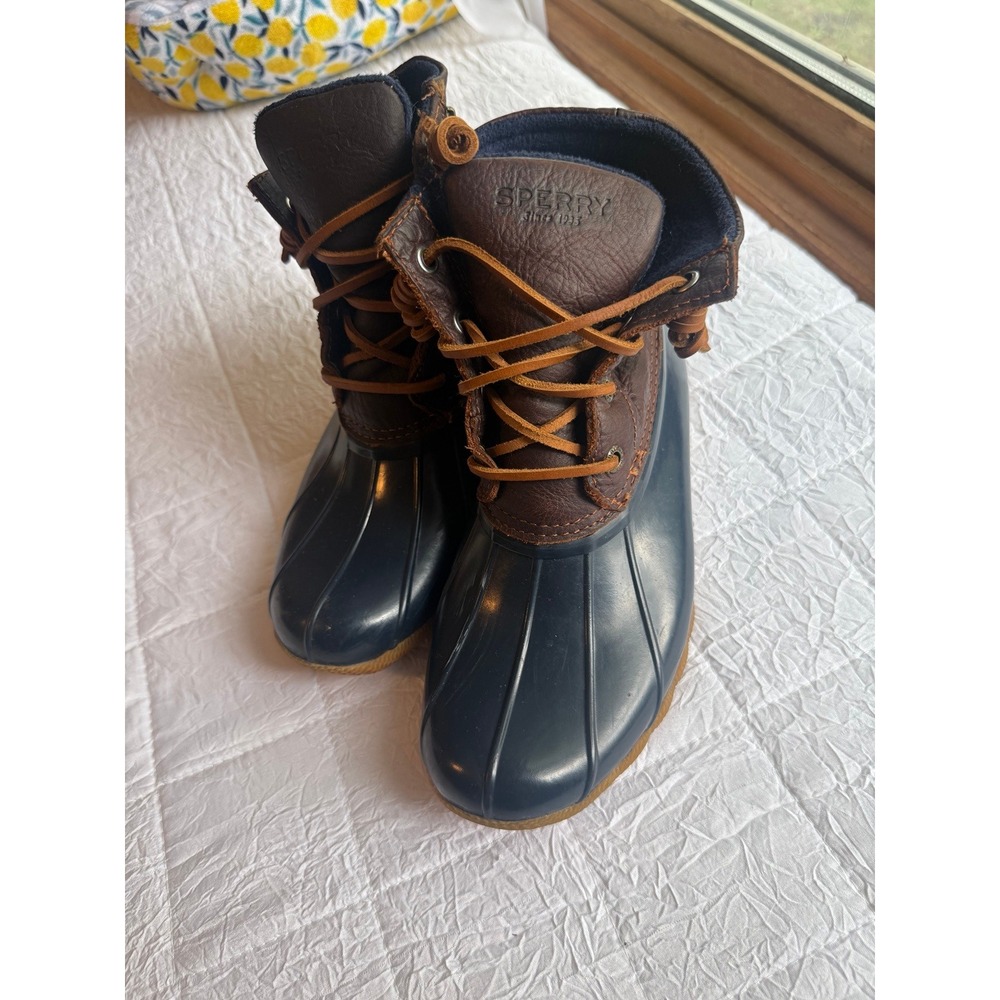 Sperry Saltwater Duck Boots Womens 6 Navy Brown Waterproof Rain Boots STS11175